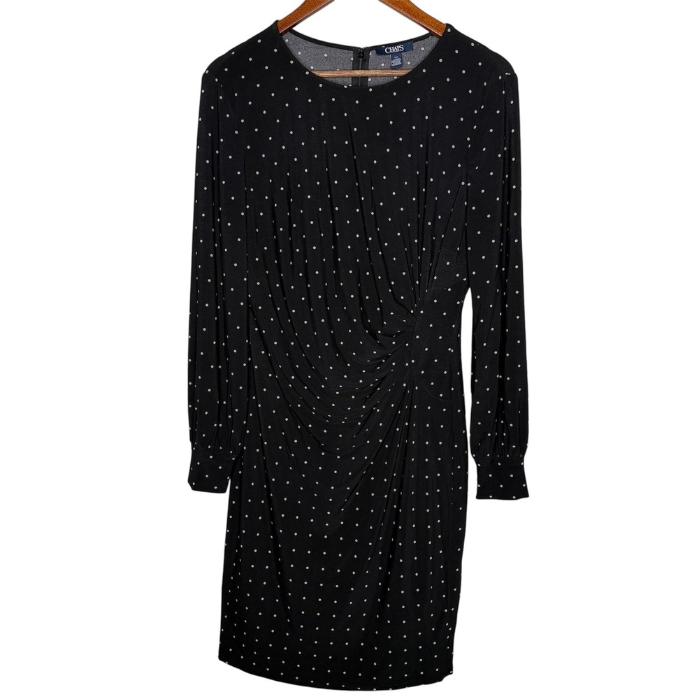 Chaps Black Polka‎ Dot Long Sleeve Ruched Sheath Dress - Women's Sz L